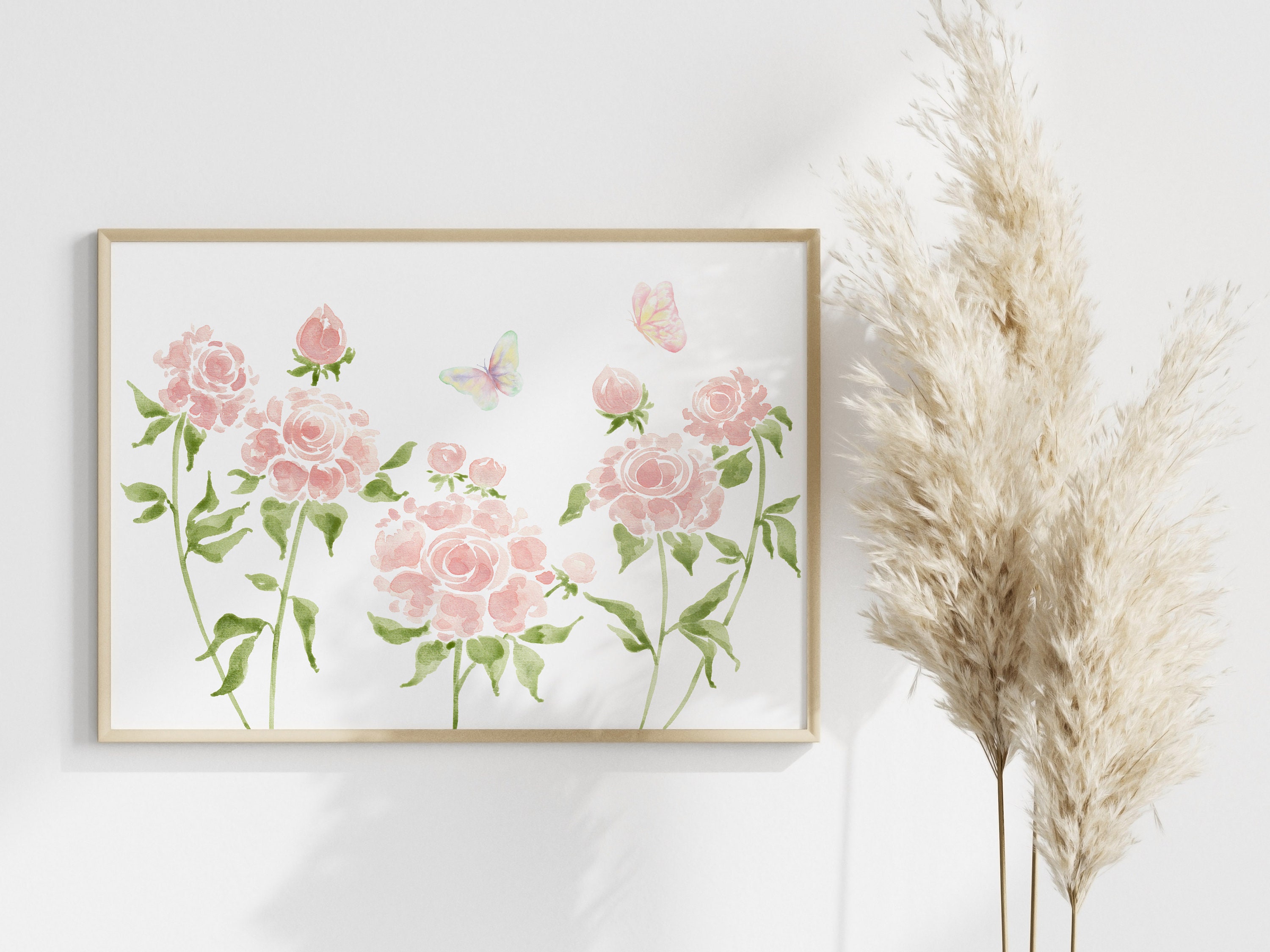 Peonies Watercolor Print, Digital Download, Pink Flowers With Butterflies Wall Art, Horizontal Poster