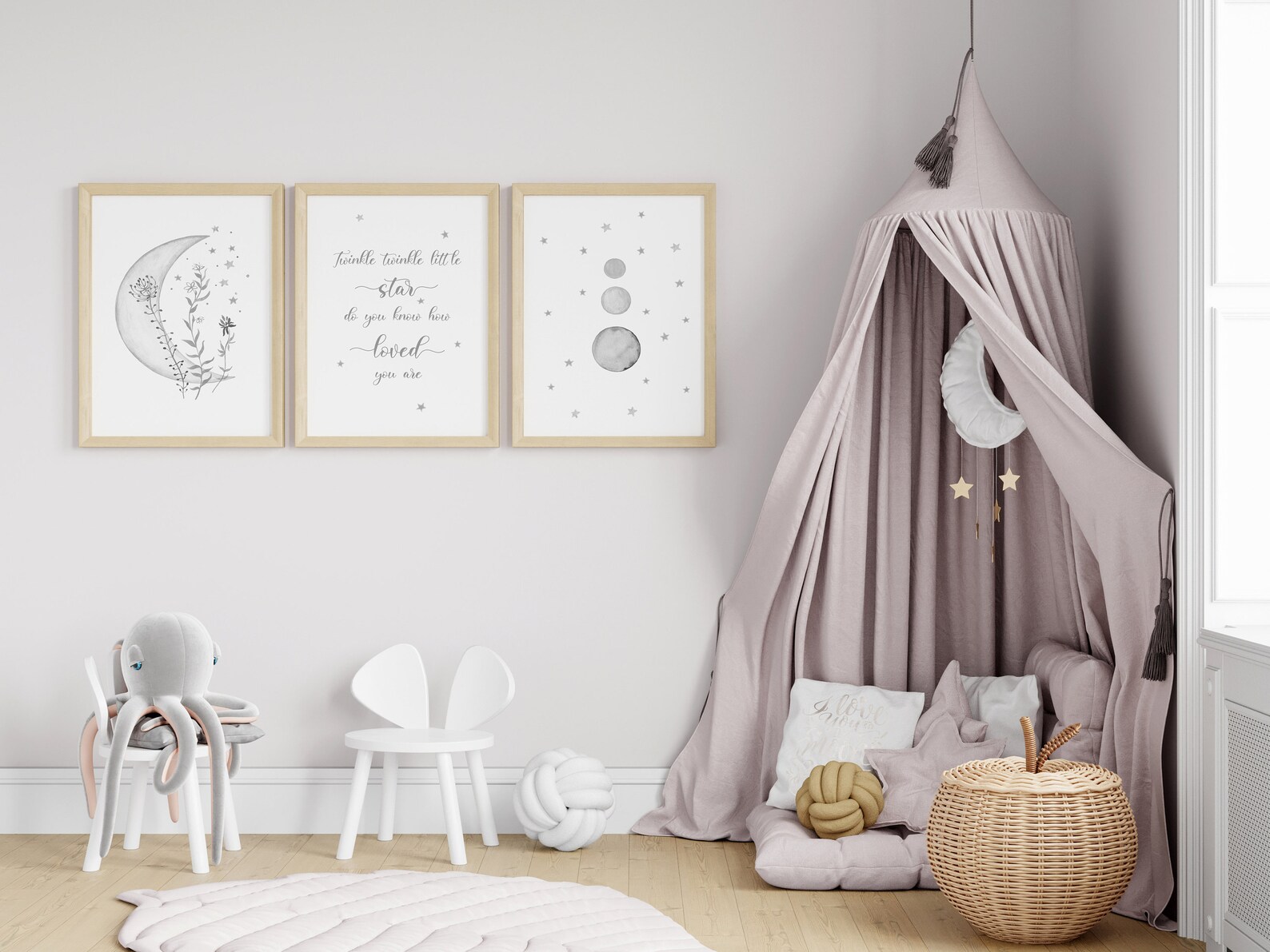 Grey Moon and Stars Nursery Wall Art Set of 3, Baby Room Quote, Twinkle