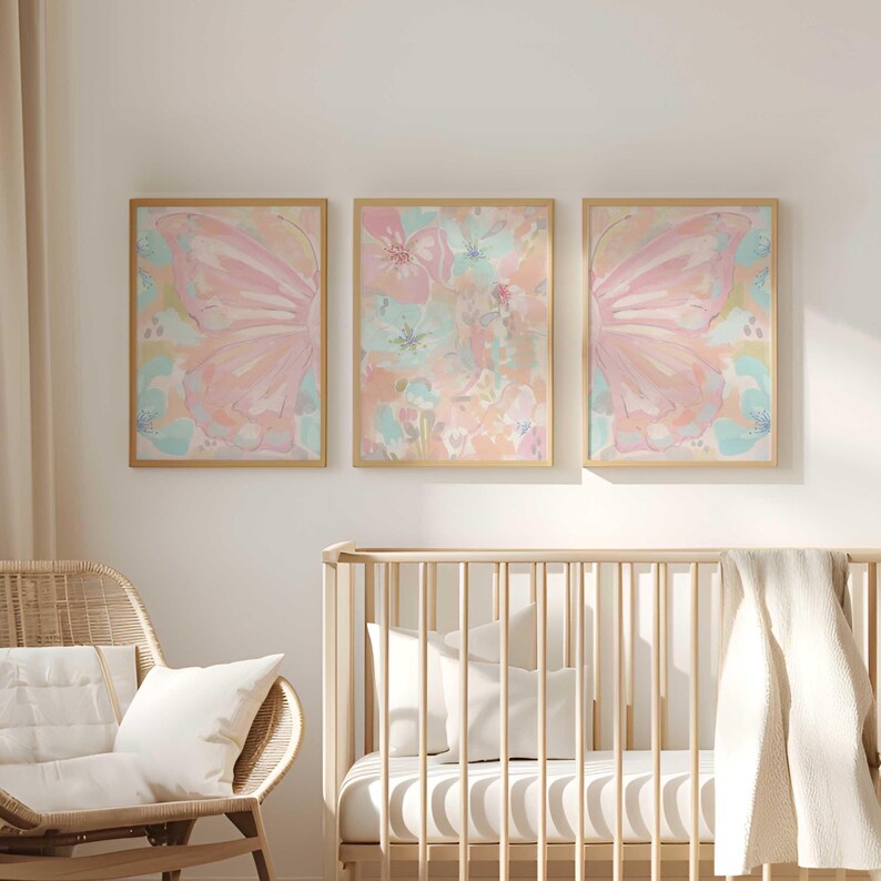 Pastel Butterfly Nursery Art (set of 3) - Baby Girl Decor (digital ...