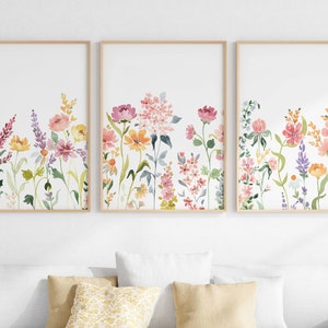 Conjunto de impresión de acuarela floral de 3, arte de pared de campo de flores silvestres, obras de arte de flores coloridas imprimibles, descarga digital