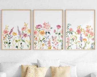 Conjunto de impresión de acuarela floral de 3, arte de pared de campo de flores silvestres, obras de arte de flores coloridas imprimibles, descarga digital