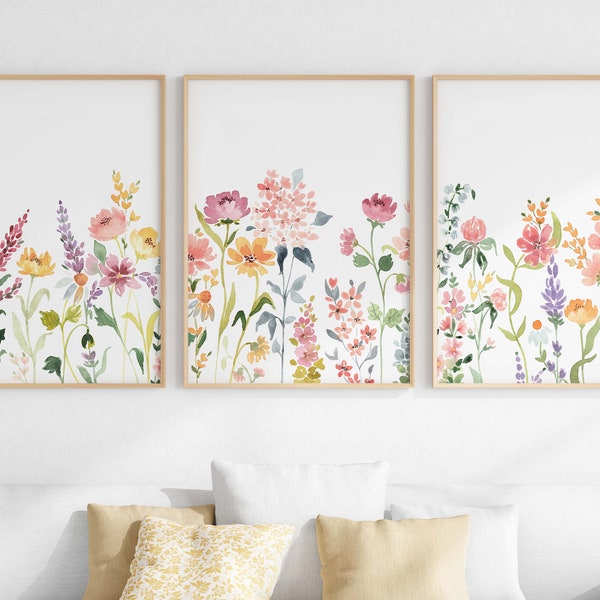Floral Watercolor Print Set Of 3, Wildflower Field Wall Art, Printable Colorful Flower Artwork, Digital Download
