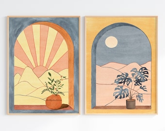 Boho Sun And Moon Wall Art Set Of 2, Printable Mid Century Modern Artwork, Bohemian Wall Decor, Digital Download