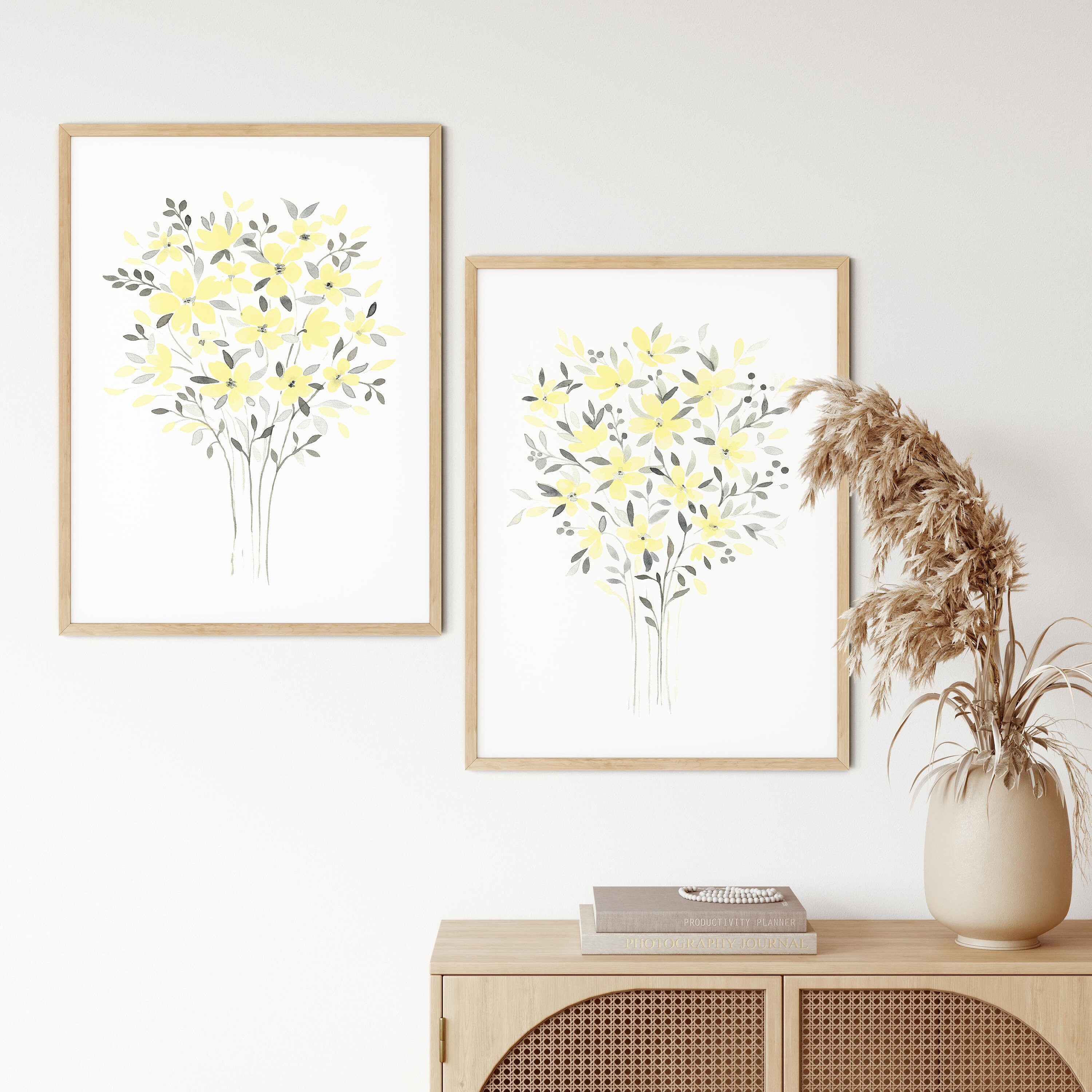 Yellow And Gray Flower Wall Art Printable Floral Watercolor Etsy