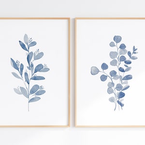 Blue Botanical Print Set Of 2, Eucalyptus Watercolor, Minimalist Botanical Wall Art Printable, Bedroom Decor, Digital Download