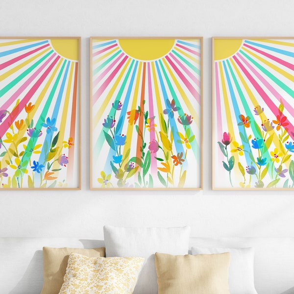 Colorful Boho Sun With Flowers Wall Art Set Of 3, Bright Rising Sun Prints, Digital Download, Sunburst And Wildflowers Artwork