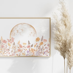 Boho Wildflowers With Moon Watercolor, Horizontal Floral Moon Print, Digital Download