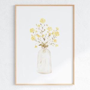 Ramo de flores de botón de oro en estampado de jarrón, acuarela floral amarilla, obras de arte de flores silvestres, cartel de descarga digital