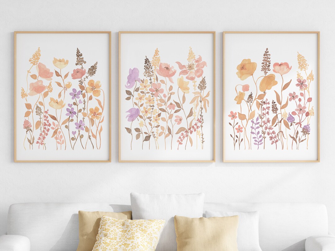 Boho Wildflowers Wall Art Set of 3, Printable Floral Watercolor Prints ...