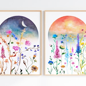 Bohemian Sun And Moon Print Set Of 2, Boho Colorful Art, Celestial Watercolor, Wildflowers Artwork, Downloadable Prints