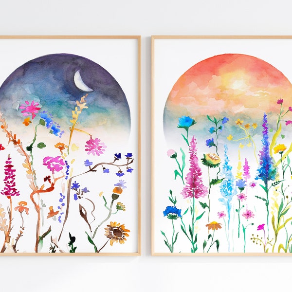 Bohemian Sun And Moon Print Set Of 2, Boho Colorful Art, Celestial Watercolor, Wildflowers Artwork, Downloadable Prints