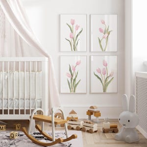 Juego de 4 impresiones de tulipanes rosa pastel, galería floral minimalista de pared, decoración botánica sencilla imagen 9