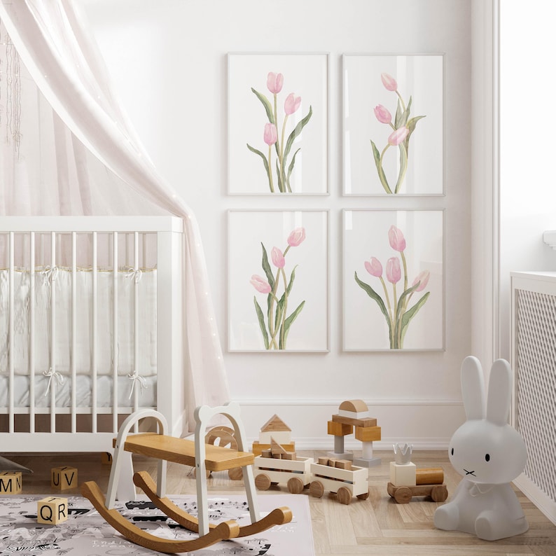 Juego de 4 impresiones de tulipanes rosa pastel, galería floral minimalista de pared, decoración botánica sencilla imagen 9