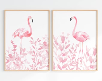 Tropical Girl Nursery Decor, Pink Flamingo Print Set Of 2, Instant Download, Printable Bird Watercolor, Girls Room Wall Art