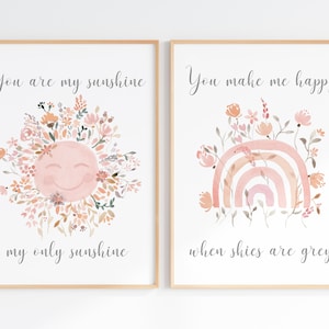 You Are My Sunshine Printable Wall Art Set Of 2, Boho Girl Nursery Decor, Wildflower Sun And Rainbow Watercolors, Digital Download