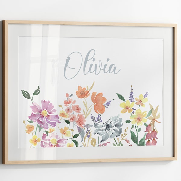 Custom Wildflower Girl Name Sign For Nursery, Horizontal Floral Watercolor Print, Printable Flower Wall Art, Digital Download Art