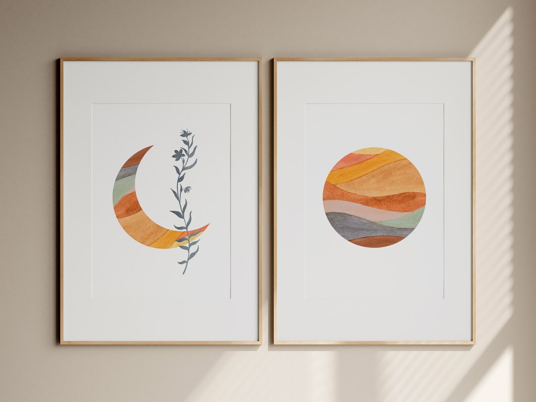 Boho Sun and Moon Wall Decor, 2 Piece Wall Art for Bedroom, Printable ...