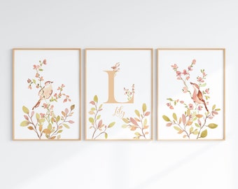 Bird Nursery Wall Art Set Of 3, Floral Initial And Name Prints, Personalized Baby Room Watercolor Decor, Digital Download Art