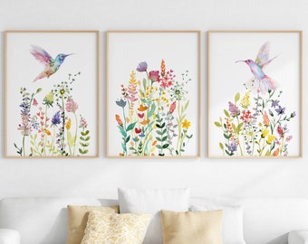 Fleurs sauvages avec colibri Aquarelle Print Set Of 3, Art mural floral coloré imprimable, Décor de chambre de filles