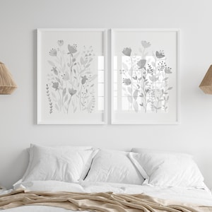 Grey Flower Wall Art Set Of 2, Minimalist Boho Floral Prints, Wildflower Watercolors, Digital Download
