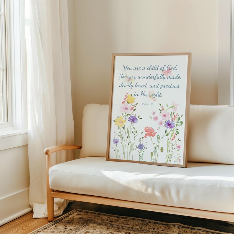Christian Girl Poster Floral Scripture Print Flower Bible Verse Nursery