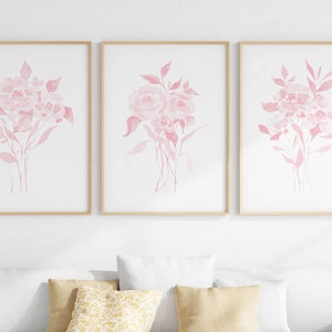 Soft Blush Pink Flower Wall Art Set Of 3, Light Pink Floral Watercolor Prints, Digital Download Art