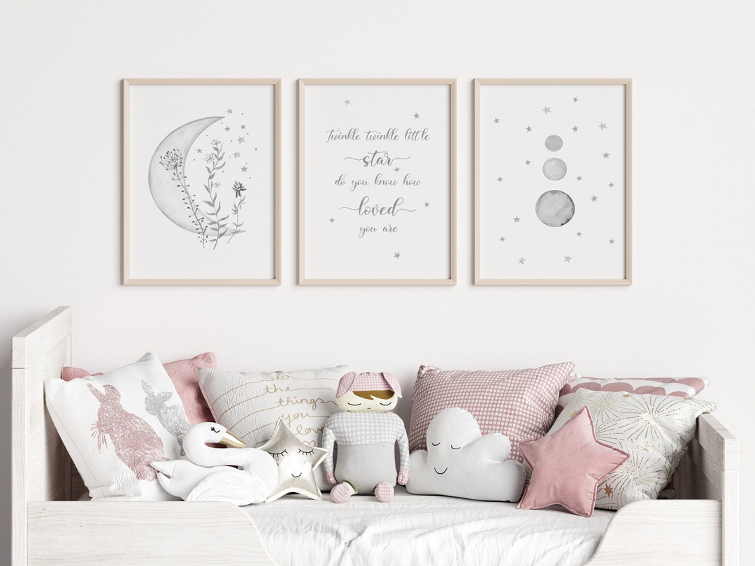 Grey Moon and Stars Nursery Wall Art Set of 3, Baby Room Quote, Twinkle