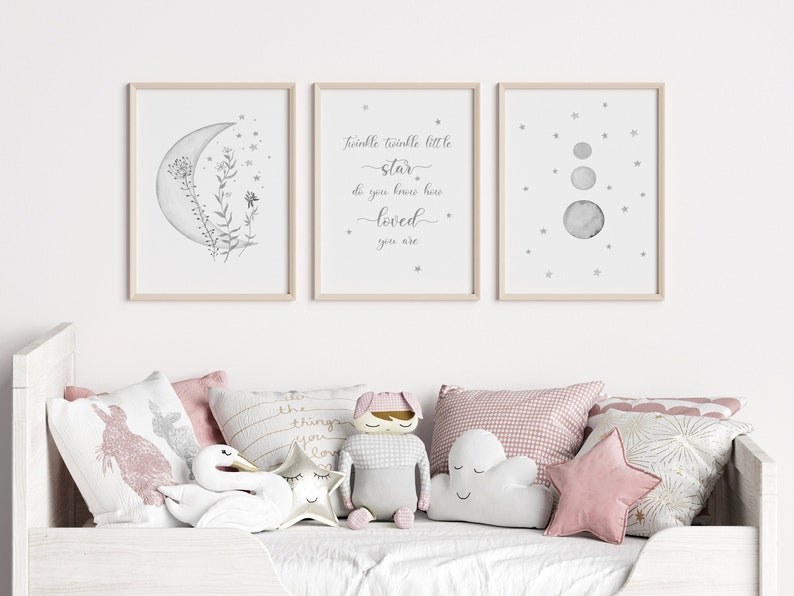 Grey Moon and Stars Nursery Wall Art Set of 3 Baby Room Etsy