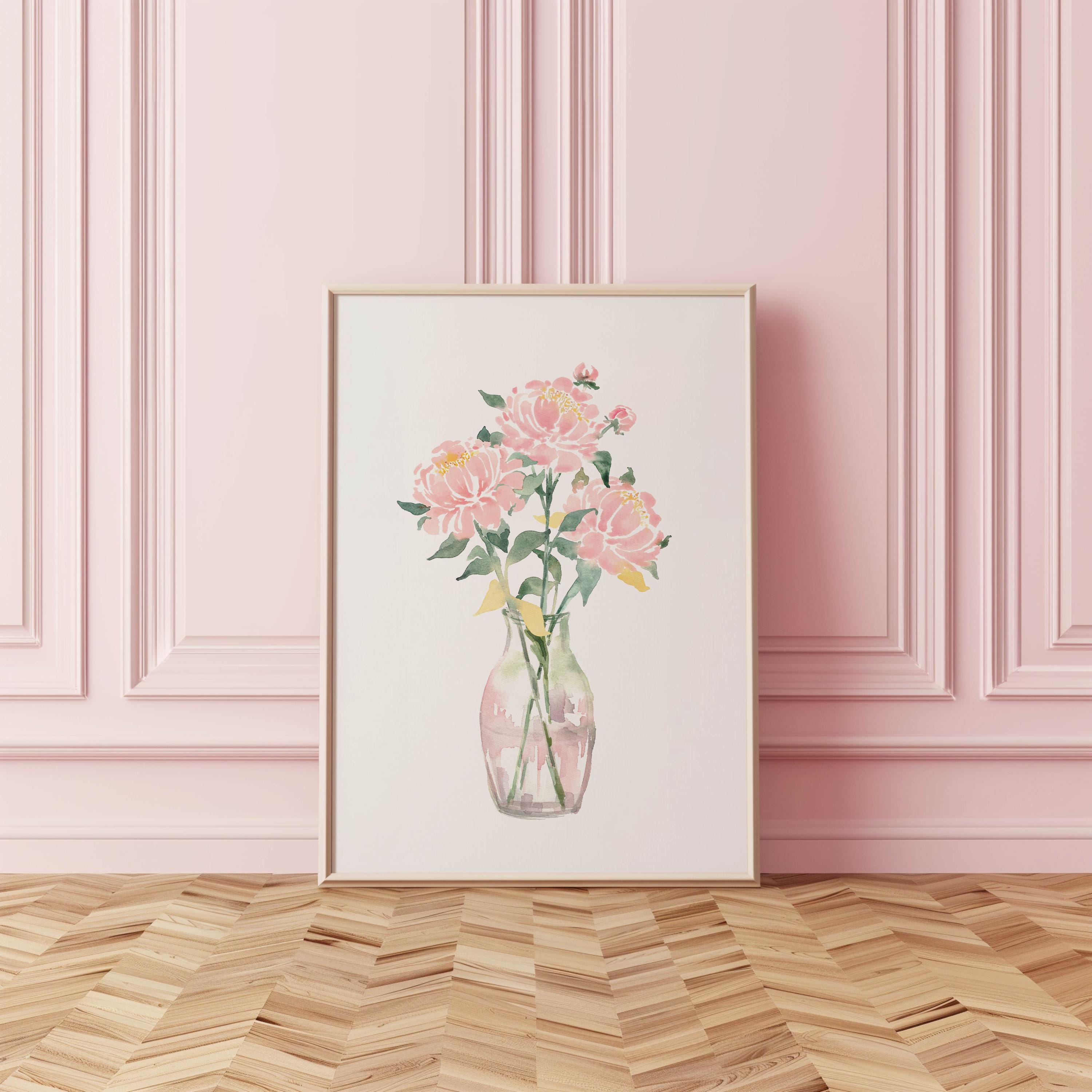 Pink Peony Vase Watercolor Print: Cottagecore Floral Wall Art (digital ...