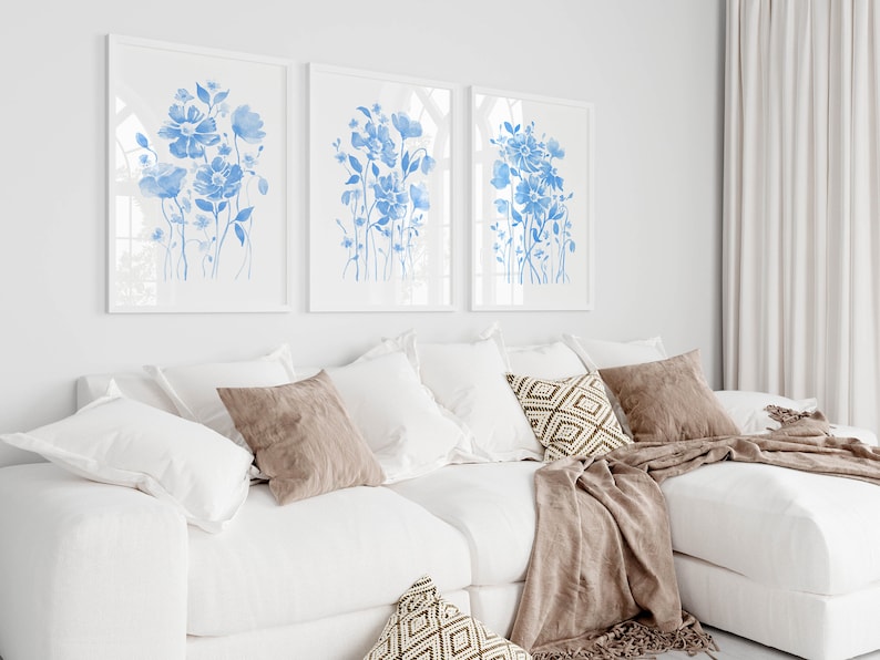 Sky Blue Flower Wall Art Set of 3 Light Blue Floral Prints Etsy