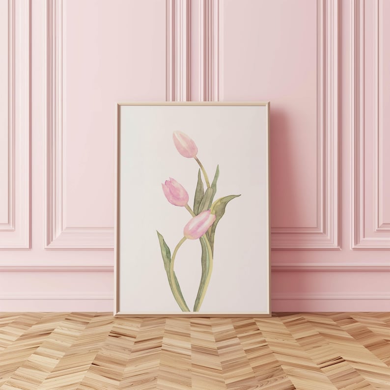 Juego de 4 impresiones de tulipanes rosa pastel, galería floral minimalista de pared, decoración botánica sencilla imagen 5