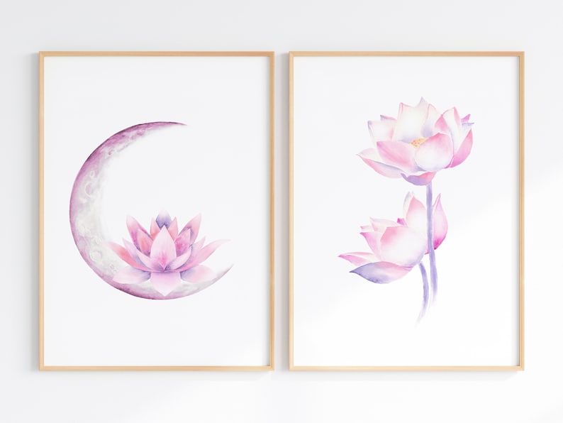 Purple Lotus Flower Wall Art Set of 2 Printable Moon With Etsy