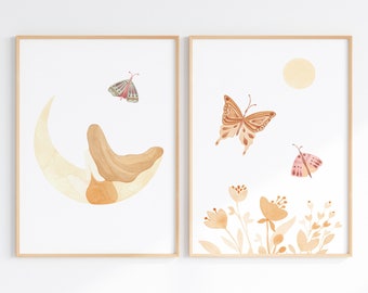 Boho Butterfly And Moon Print Set Of 2 For Girl Nursery, Wall Art Celestial Watercolor, Flower Moon Artwork, Digital Download