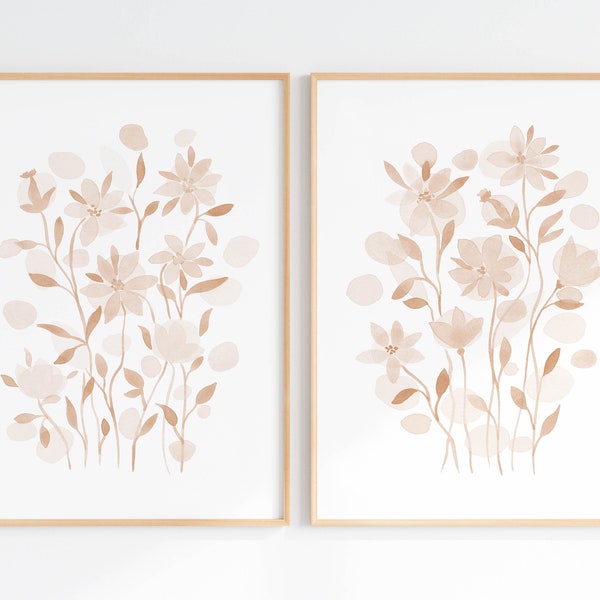 Soft Beige Flower Wall Art Set Of 2, Boho Neutral Floral Prints, Warm Tone Decor, Printable Wildflower Watercolors, Digital Download