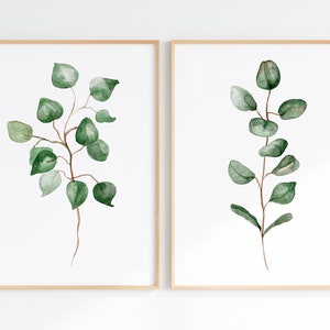May include: Two framed prints of watercolor paintings of green eucalyptus branches on a white background.