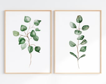 Botanical Wall Art Downloadable, Eucalyptus Watercolor Print Set Of 2, Printable Minimalist Plant Art