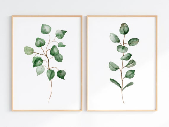 Botanical Wall Art Downloadable, Eucalyptus Watercolor Print Set Of 2, Printable Minimalist Plant Art