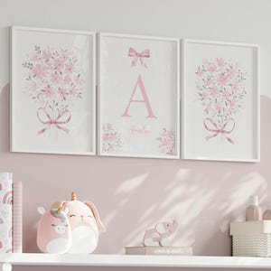 Baby Girl Bow Nursery Decor Light Pink Floral Bow Wall Art Set Of 3 Personalized Girl Nursery Initial Custom Name Prints Digital Download