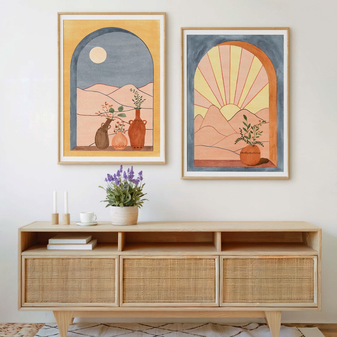 Bohemian Moon and Sun Poster Set of 2 Abstract Boho Celestial Prints ...