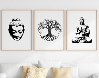 Buddha Tree of Life Print Set, svartvit akvarellkonst (digital nedladdning)