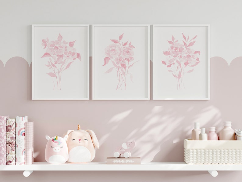 Blush Pink Floral Watercolor Print Set: Delicate Flower Art (digital ...