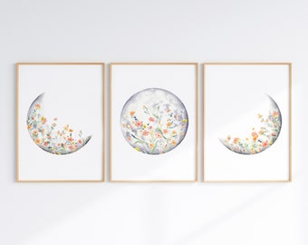 Flower Moon Wall Art Set Of 3, Boho Moon Phase Prints, Celestial Watercolor, Bohemian Decor, Digital Download