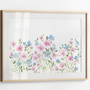 Impression de fleurs sauvages roses et bleues, aquarelle florale horizontale, oeuvre d'art florale imprimable, téléchargement numérique