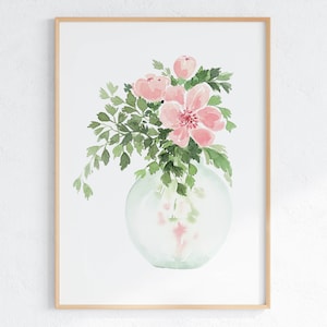 Ramo floral en jarrón con estampado de acuarela, póster de flores silvestres, descarga digital, arte de pared botánico imprimible