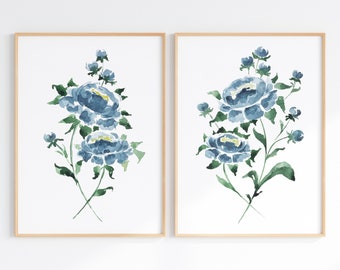 Navy Blue Floral Wall Art Set Of 2, Peony Flower Watercolor Prints, Printable Botanical Artwork, Digital Download