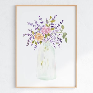 Ramo de flores de lavanda en jarrón acuarela impresión púrpura cartel de flores silvestres floral pared arte descarga digital