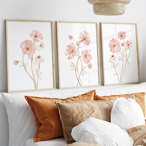 Neutral Wildflower Wall Art Set Of 3, Boho Floral Watercolor Prints, Minimalist Flower Decor, Digital Download Art