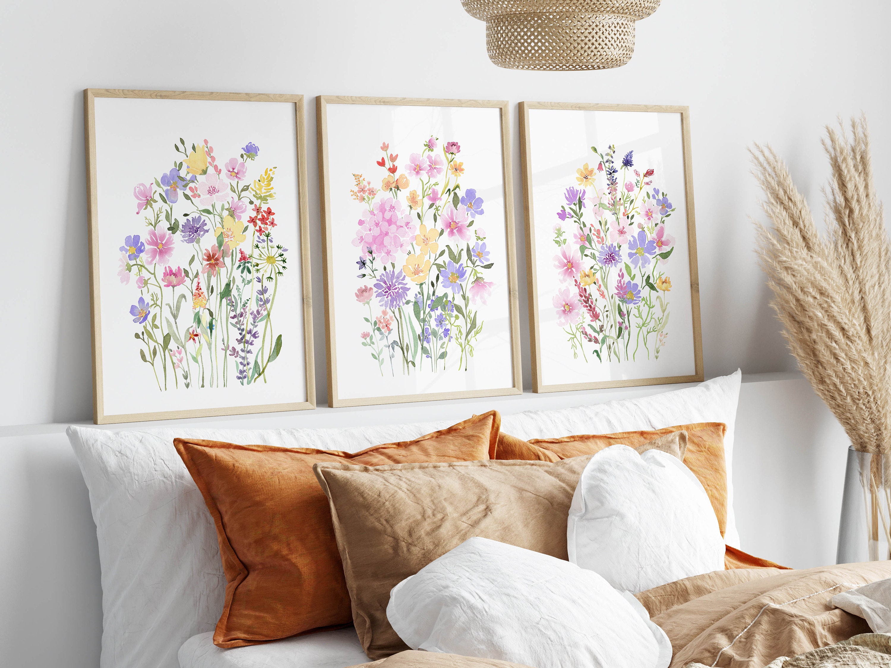 Colorful Flower Wall Art Set of 3, Printable Wildflower Watercolor ...