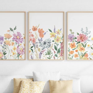 Wildflower Watercolor Print Set Of 3, Floral Wall Art Printable, Colorful Botanical Artwork, Digital Download
