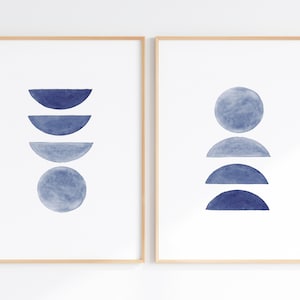 Navy Abstract Art Prints, Blue Boho Wall Art Set Of 2, Printable Geometric Wall Art, Minimalist Poster Set, Digital Download